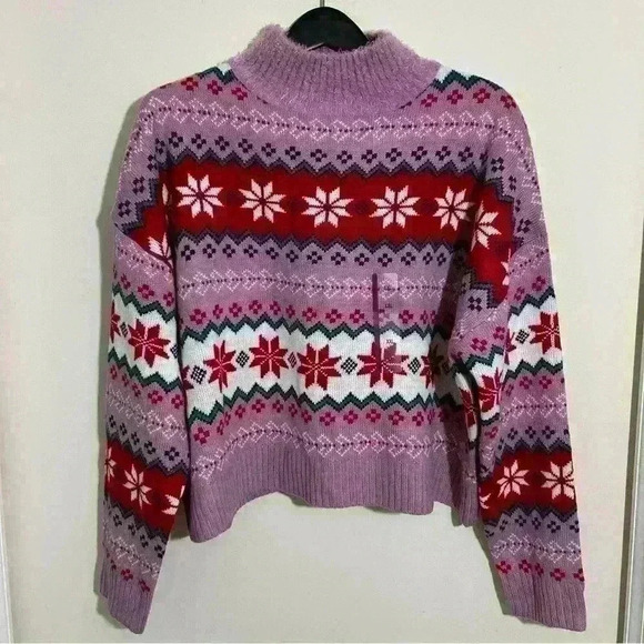 Women's Xmas Cropped Turtleneck Knitted Sweater Purple XXL NWT - Picture 2 of 8